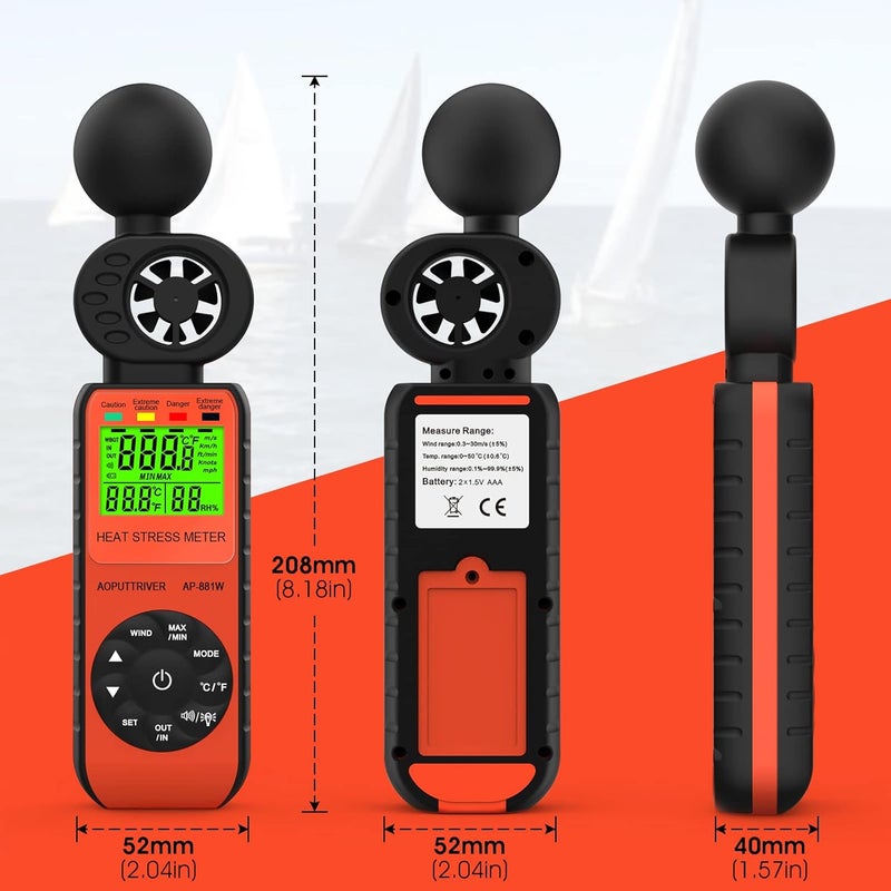 AOPUTTRIVER Heat Stress Meter Anemometer, Wet Bulb Globe Heat Stress Meter LCD Display WBGT Alarms Monitoring for Indoor & Outdoor Use-Temperature Humidity Meter Orange - Image 2